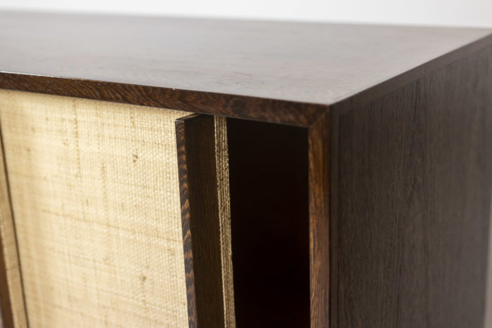 Sideboard in wenge, raffia and lacquered metal. 1970s. - focus