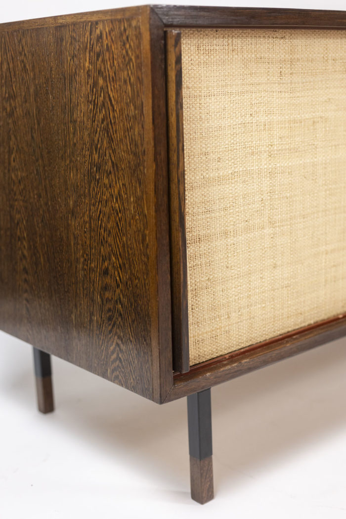 Sideboard in wenge, raffia and lacquered metal. 1970s.  - base