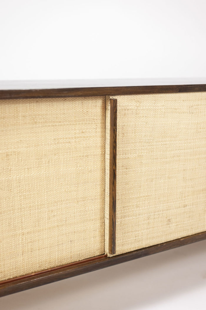 Sideboard in wenge, raffia and lacquered metal. 1970s. - sliding doors
