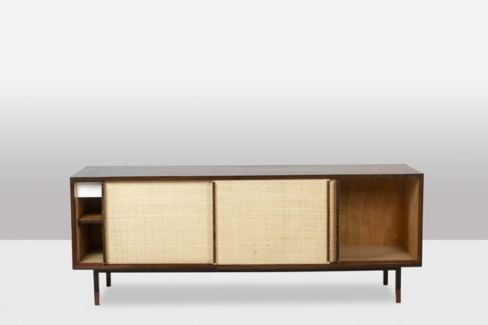 Sideboard in wenge, raffia and lacquered metal. 1970s. - sliding doors