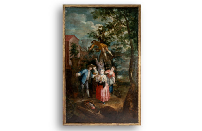 Huile sur toile XVIIIe représentant une scène de cueillette - face