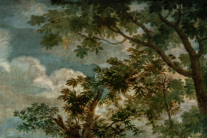 Huile sur toile XVIIIe représentant une scène de cueillette - focus arbre