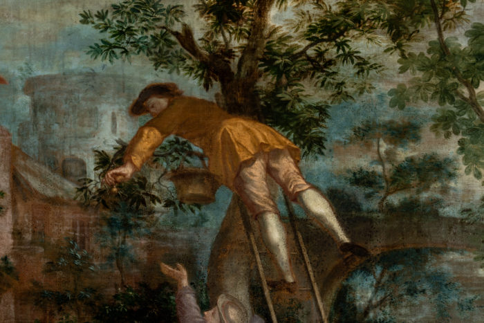 Huile sur toile XVIIIe représentant une scène de cueillette - focus personnage