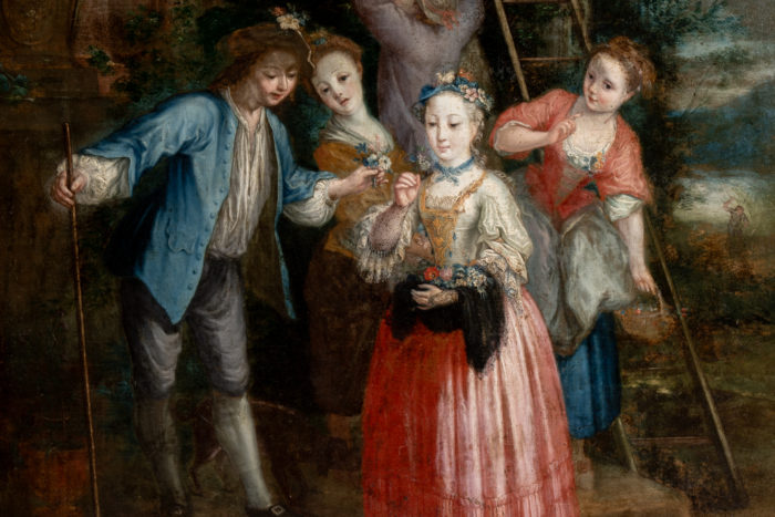 Huile sur toile XVIIIe représentant une scène de cueillette - focus personnages