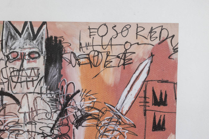 Jean-Michel Basquiat, Sérigraphie représentant un personnage dans les tons orange et rose - focus épée