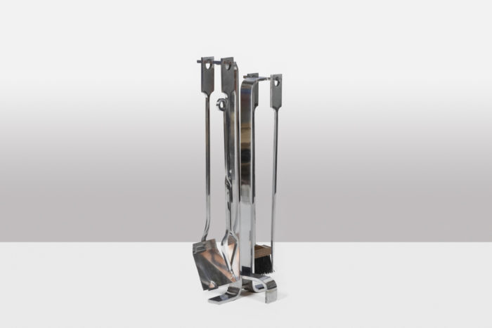 Jacques Charles. Fireplace set chromed metal fireplace set. 1970s.