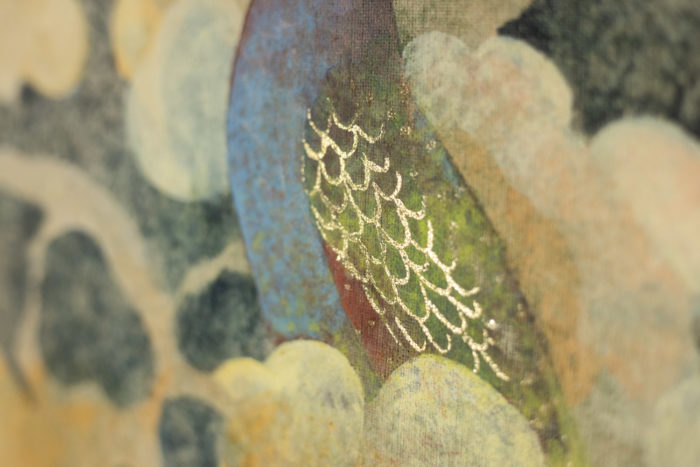 Panneau décoratif ou toile peinte sur lin - détail oiseau
