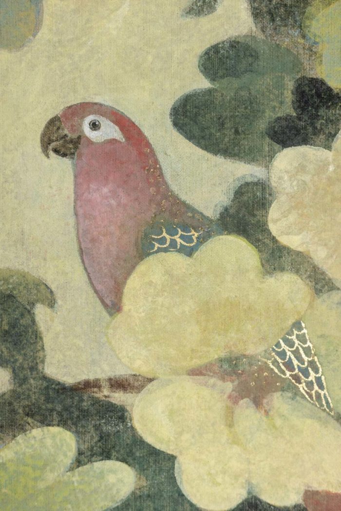 Panneau décoratif, toile peinte sur du lin - détail oiseau