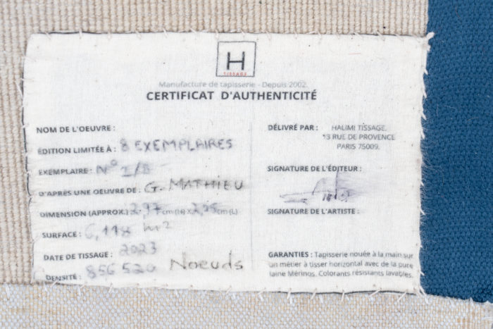 Tapis, ou tapisserie, inspiré par Georges Mathieu, en laine 100% Mérinos et tissé à la main. Travail d'artiste numéroté - certificat d'authencité