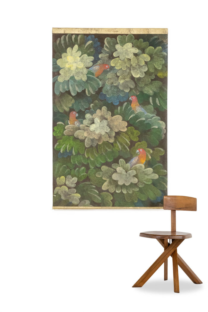 Painted canvas representing parakeets. Contemporary work.- staging