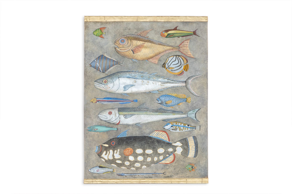 Toile peinte représentant une planche de poissons. Travail contemporain.
