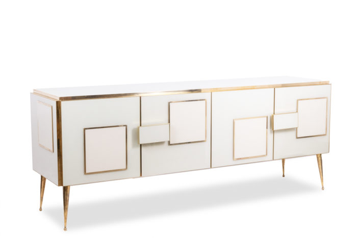 Geometric sideboard in glass and gilded brass. Contemporary Italian work.