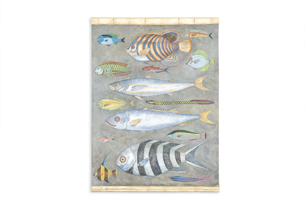 Toile peinte représentant une planche de poissons. Travail contemporain.