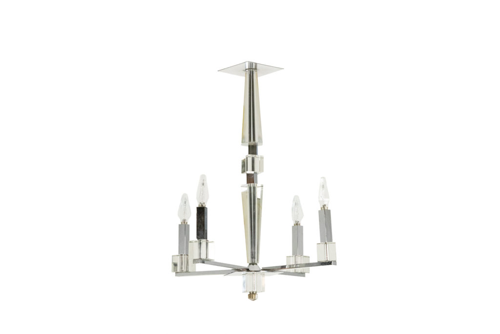 Jacques Adnet. Modernist chandelier in chrome metal. Circa 1940.