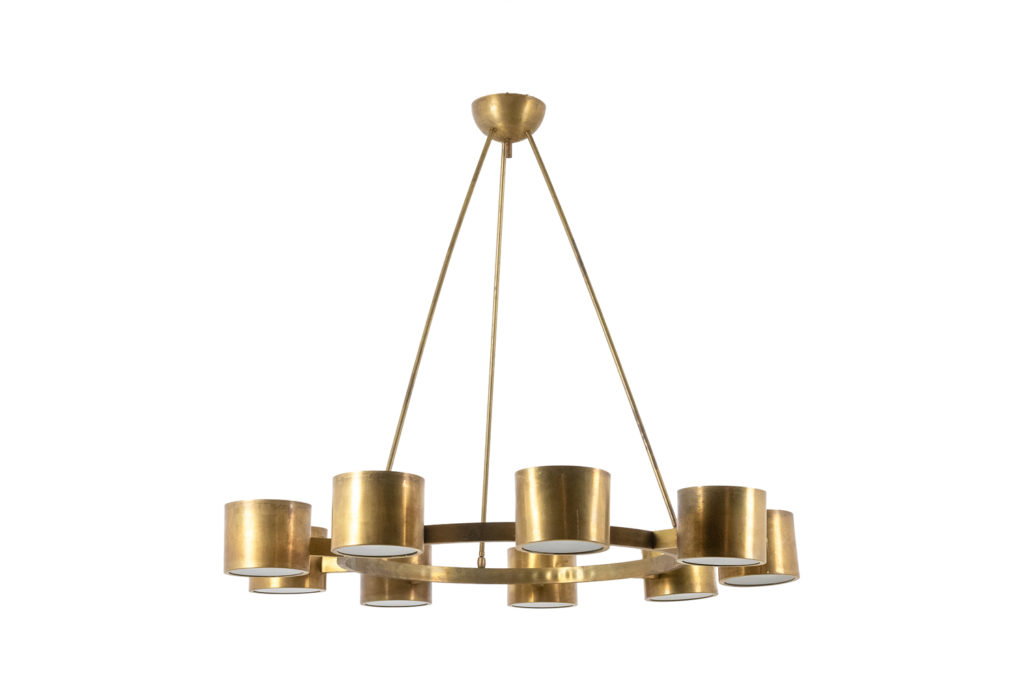 Circular chandelier in matte golden brass. Contemporary Italian work.