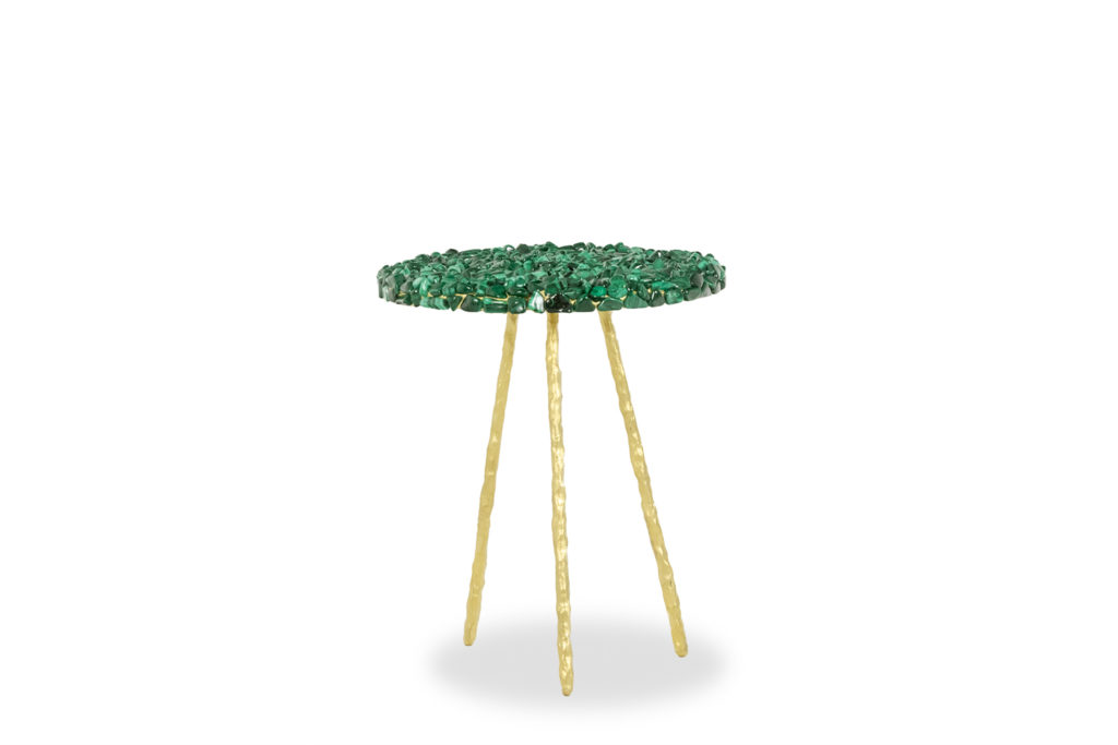 Malachite and gilded steel pedestal table. Contemporary work.