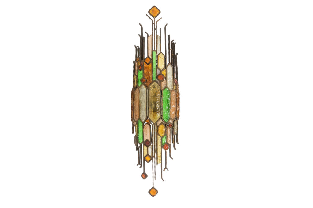 Wall lamp in wrought iron and colored glass. 1960s.