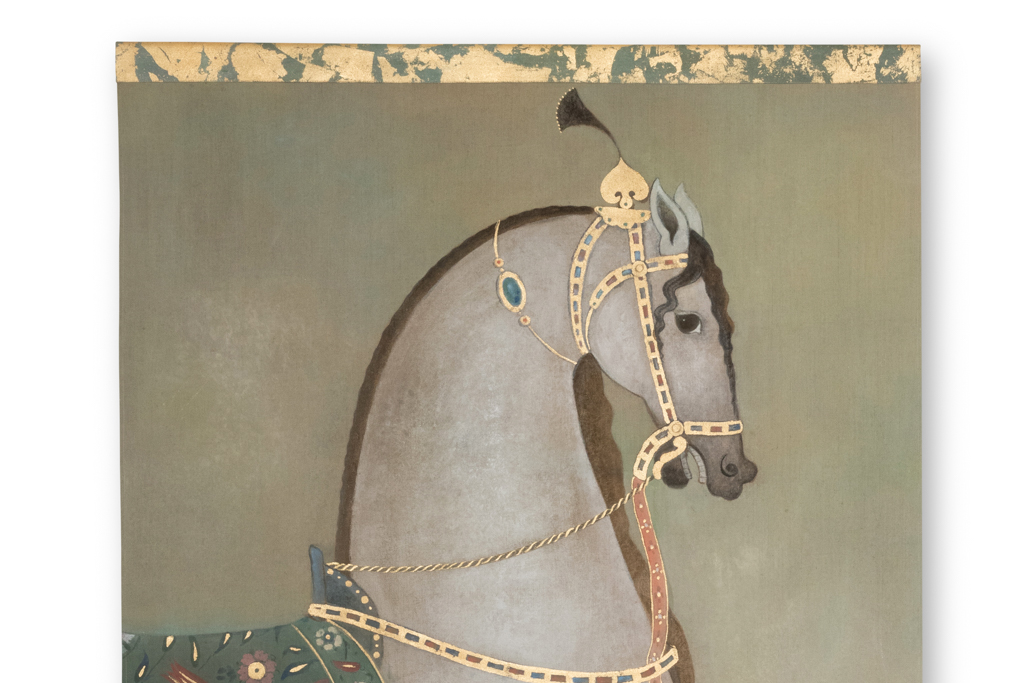 Tenture Murale Peinte à La Main – Art Moghol Sur Soie, Cheval, Inde, 56x32 Cm
