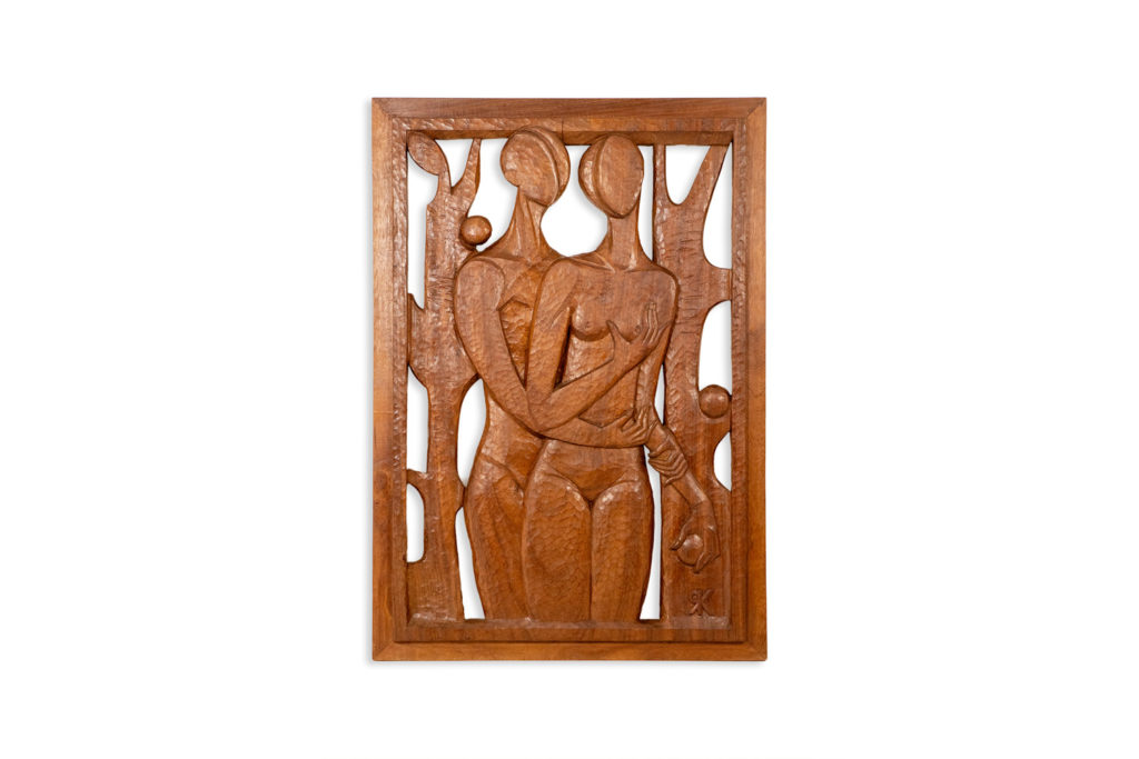 Roger Kressmann. Panneau en noyer sculpté à la gouge. Années 1980.