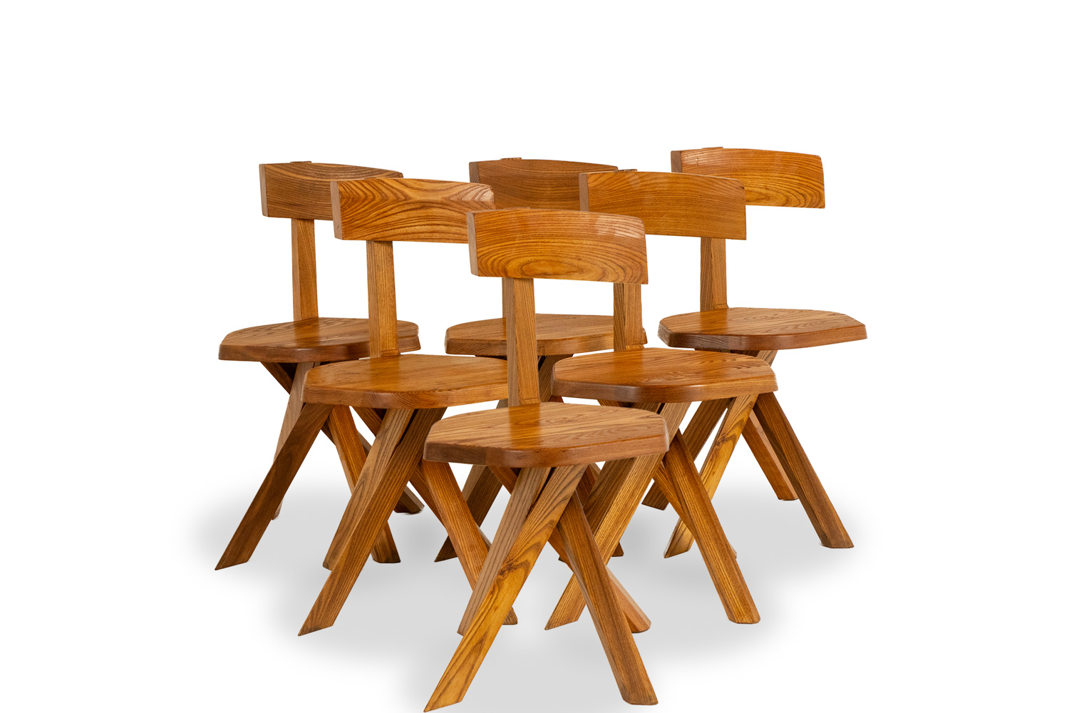Pierre Chapo. Set of 6 S34 chairs in natural elm. 1970s–80s. jlf
