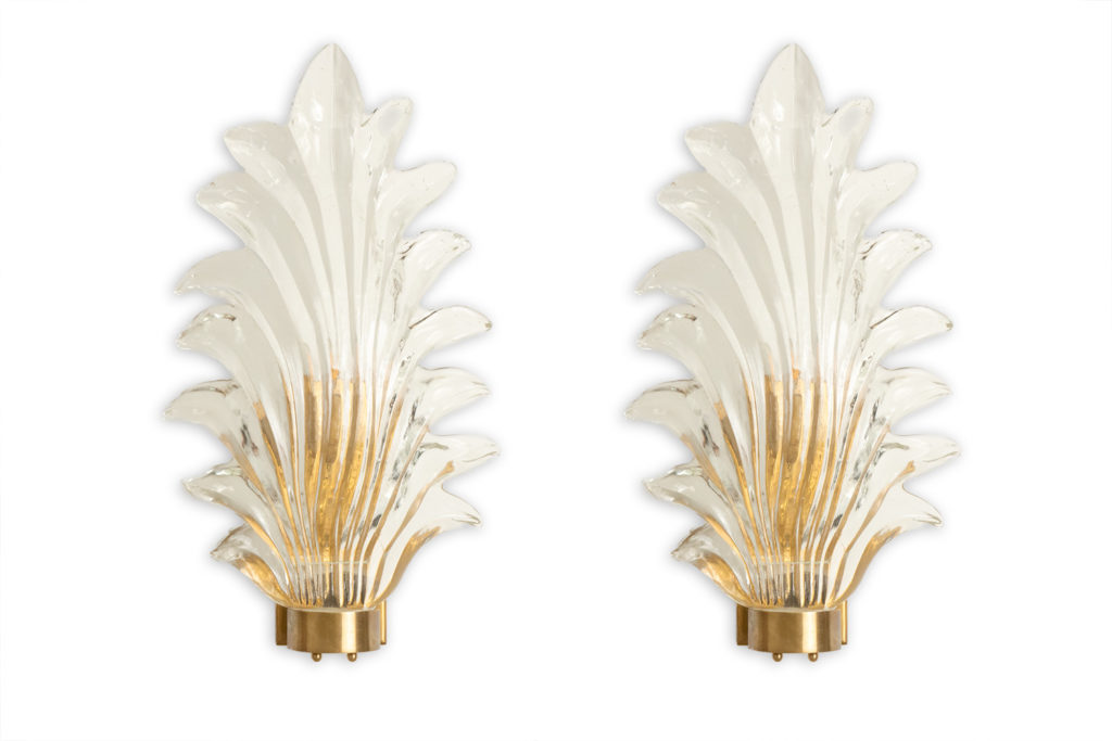 Paire d&rsquo;appliques en forme de fougères en verre de Murano. Années 1950.